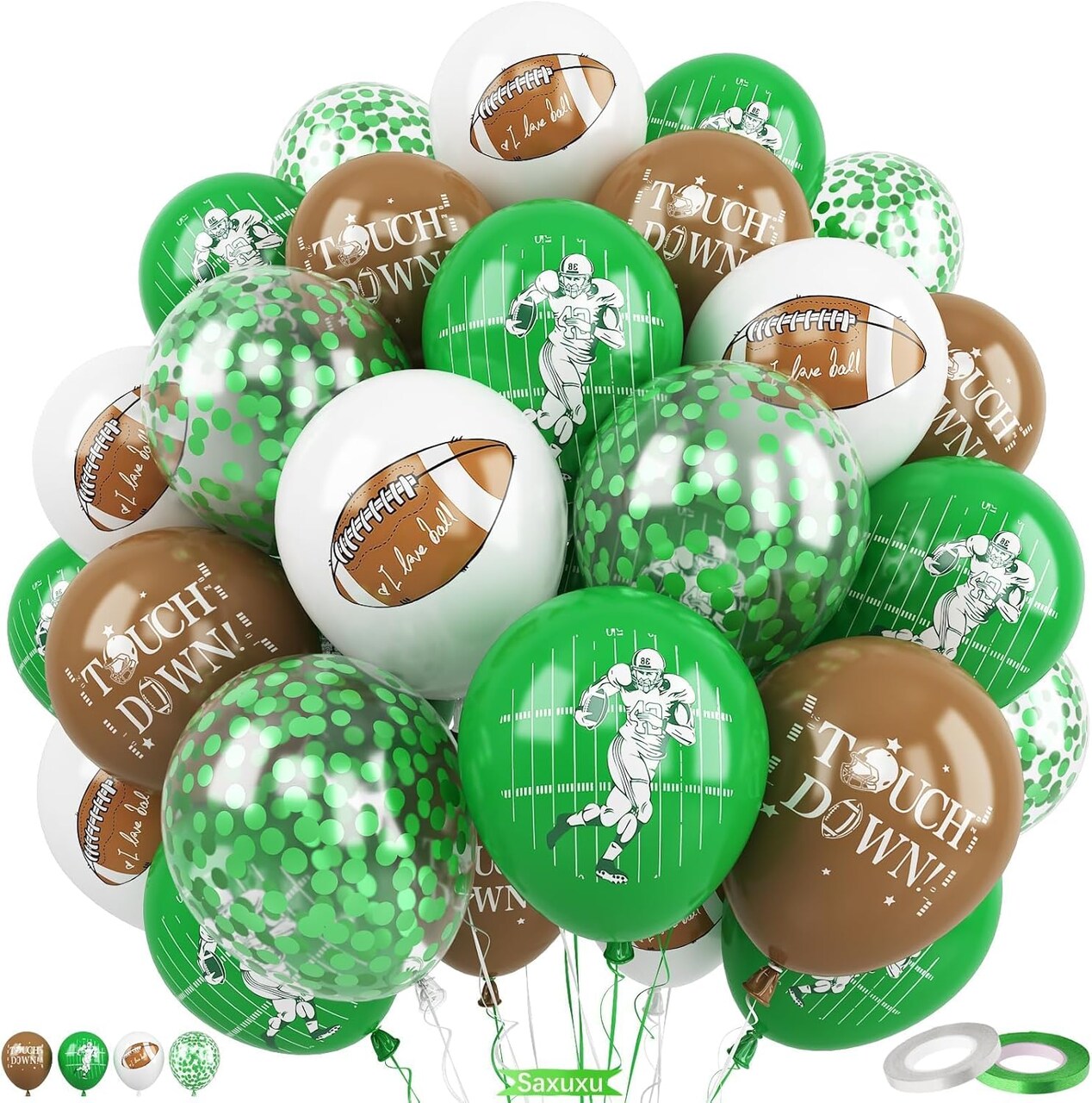 Football Balloons,60Pcs 12 Inch Green Brown White Green Confetti Football Party Balloons for Kids Boy Football Birthday Sport Party Decorations Sports Baby Shower Graduation Party Supplies